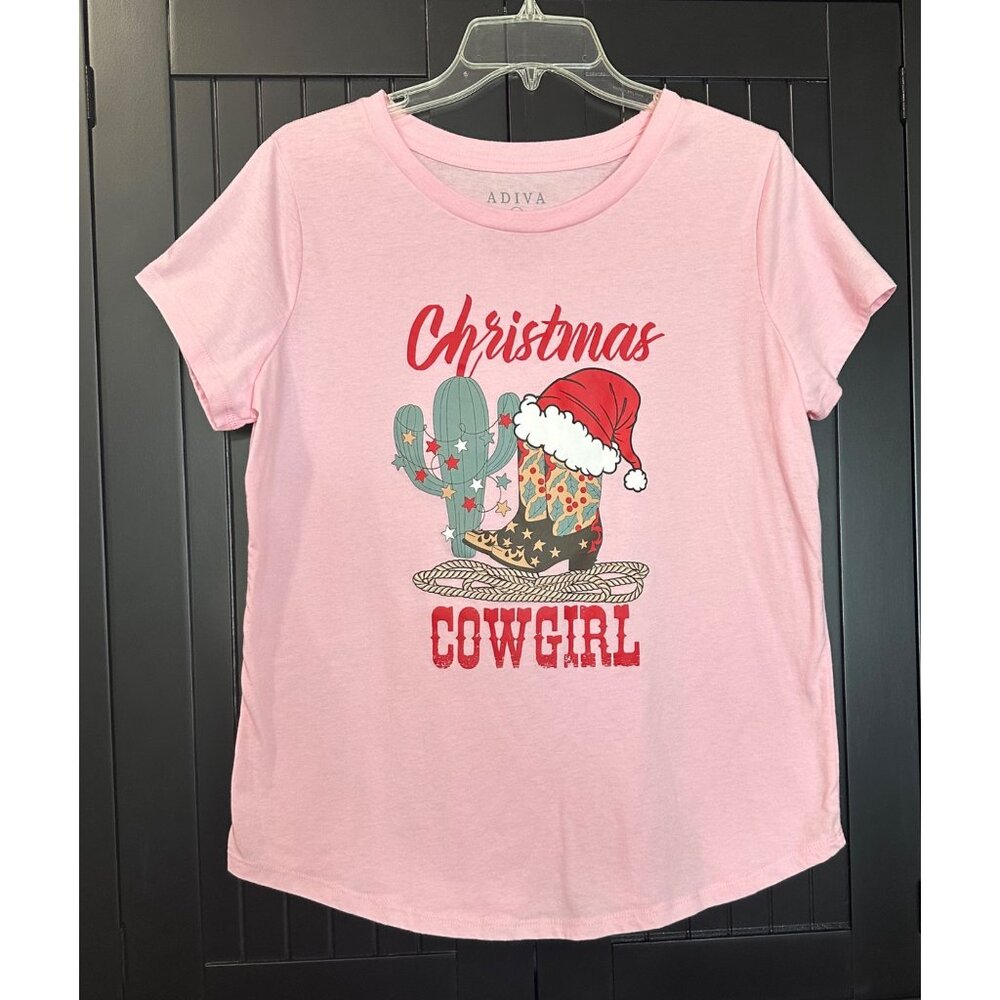 Christmas Cowgirl T-Shirt XL Pink Graphic Western Holiday Cactus Santa Tee
